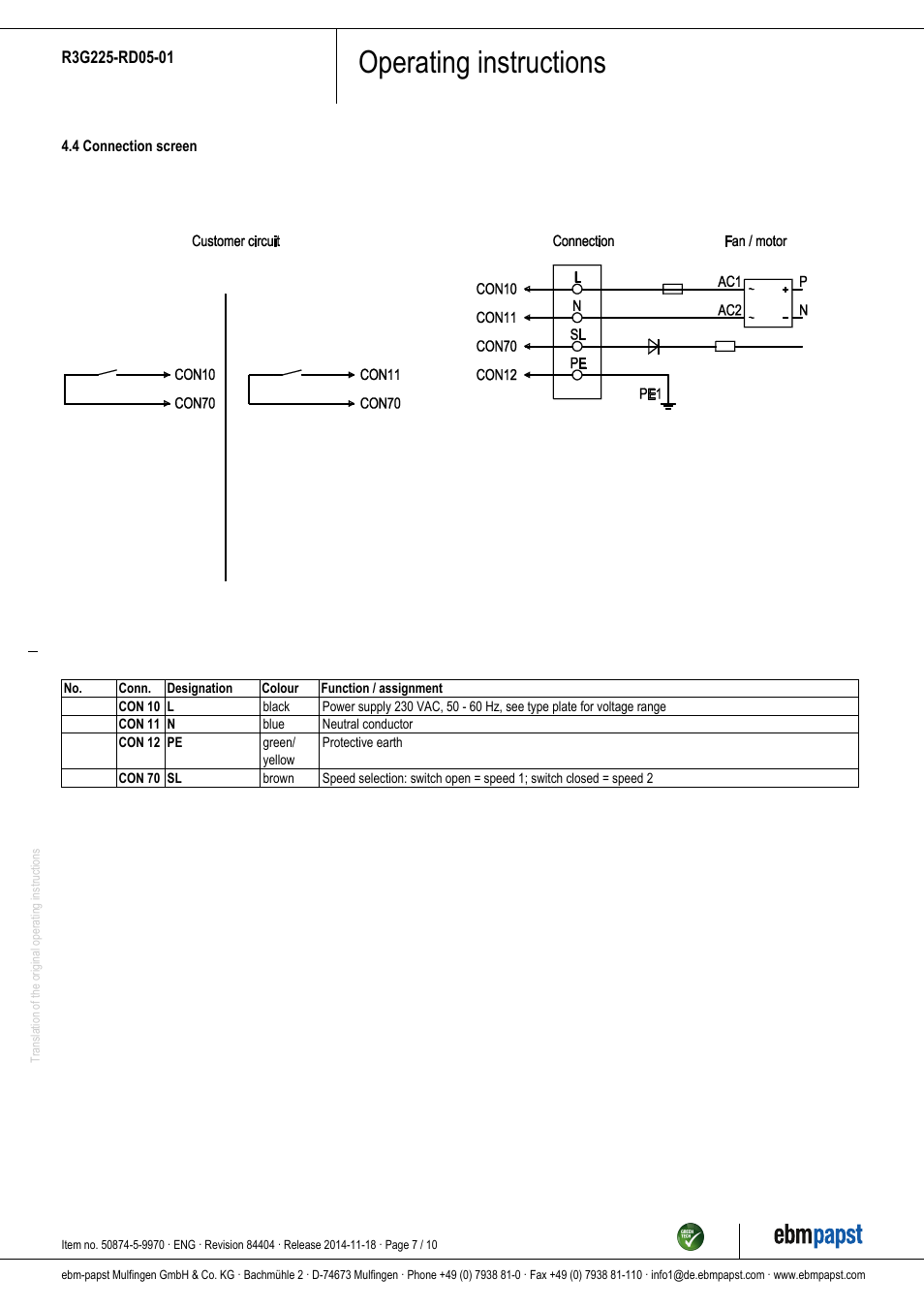 Operating instructions | ebm-papst R3G225-RD05-01 User Manual | Page 7 / 10