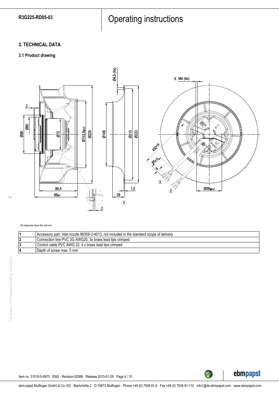 Operating instructions | ebm-papst R3G225-RD05-03 User Manual | Page 4 / 10