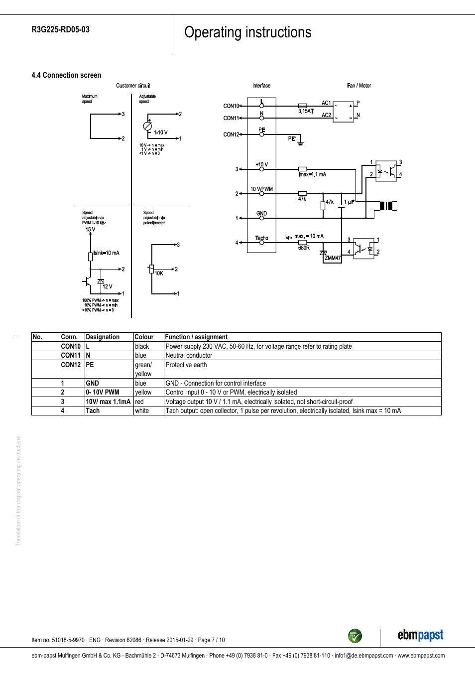 Operating instructions | ebm-papst R3G225-RD05-03 User Manual | Page 7 / 10