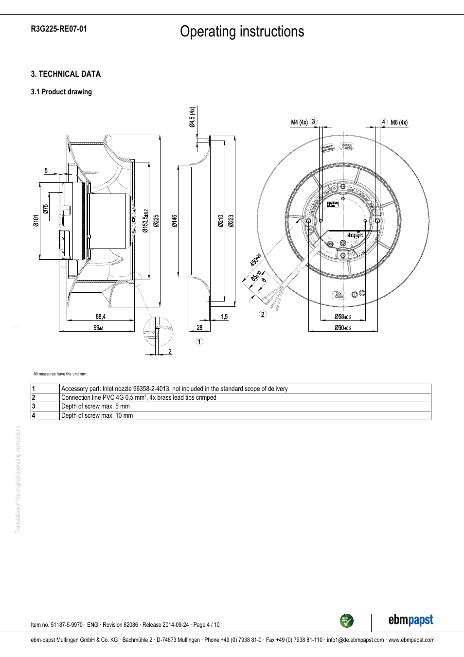 Operating instructions | ebm-papst R3G225-RE07-01 User Manual | Page 4 / 10