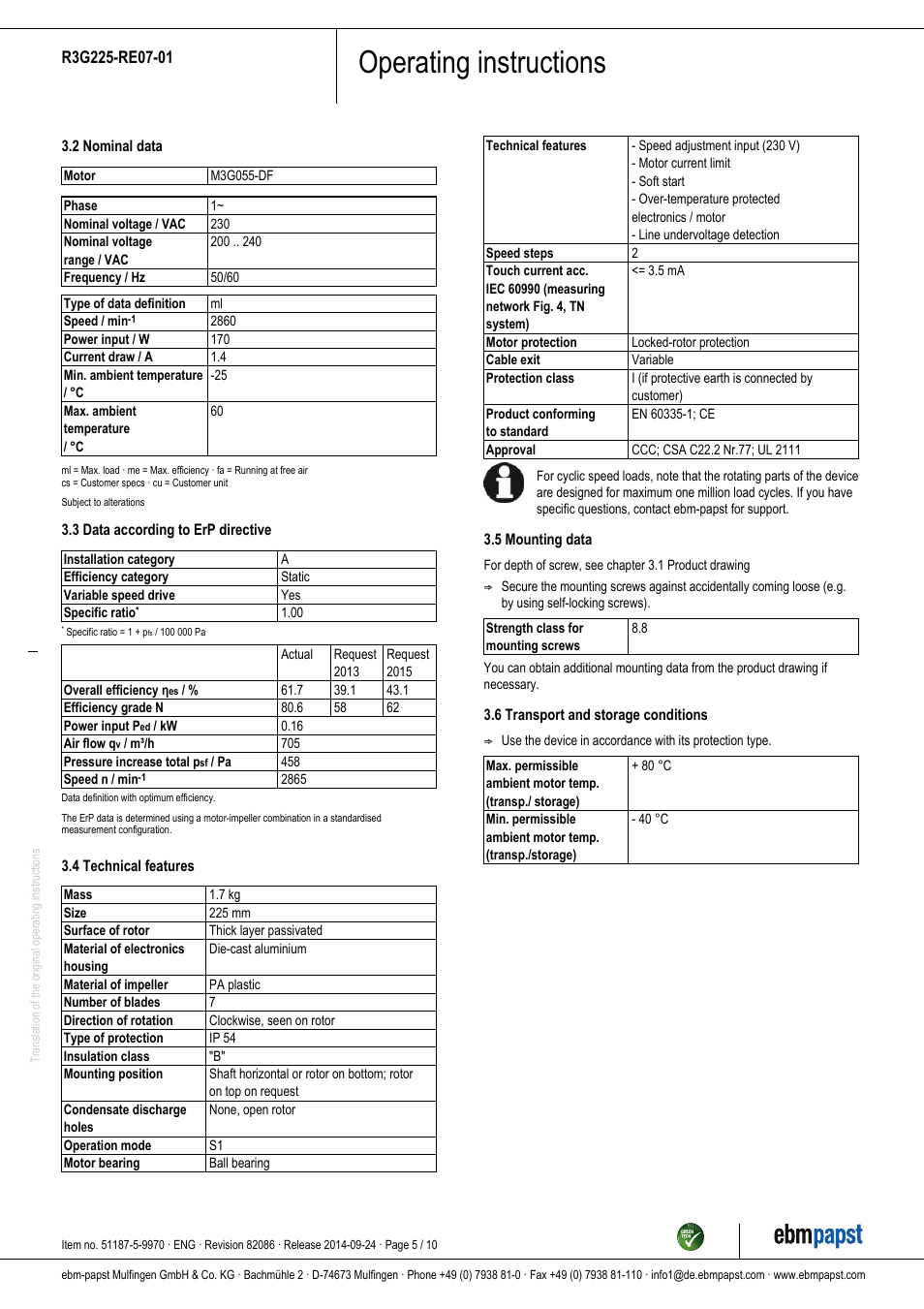 Operating instructions | ebm-papst R3G225-RE07-01 User Manual | Page 5 / 10