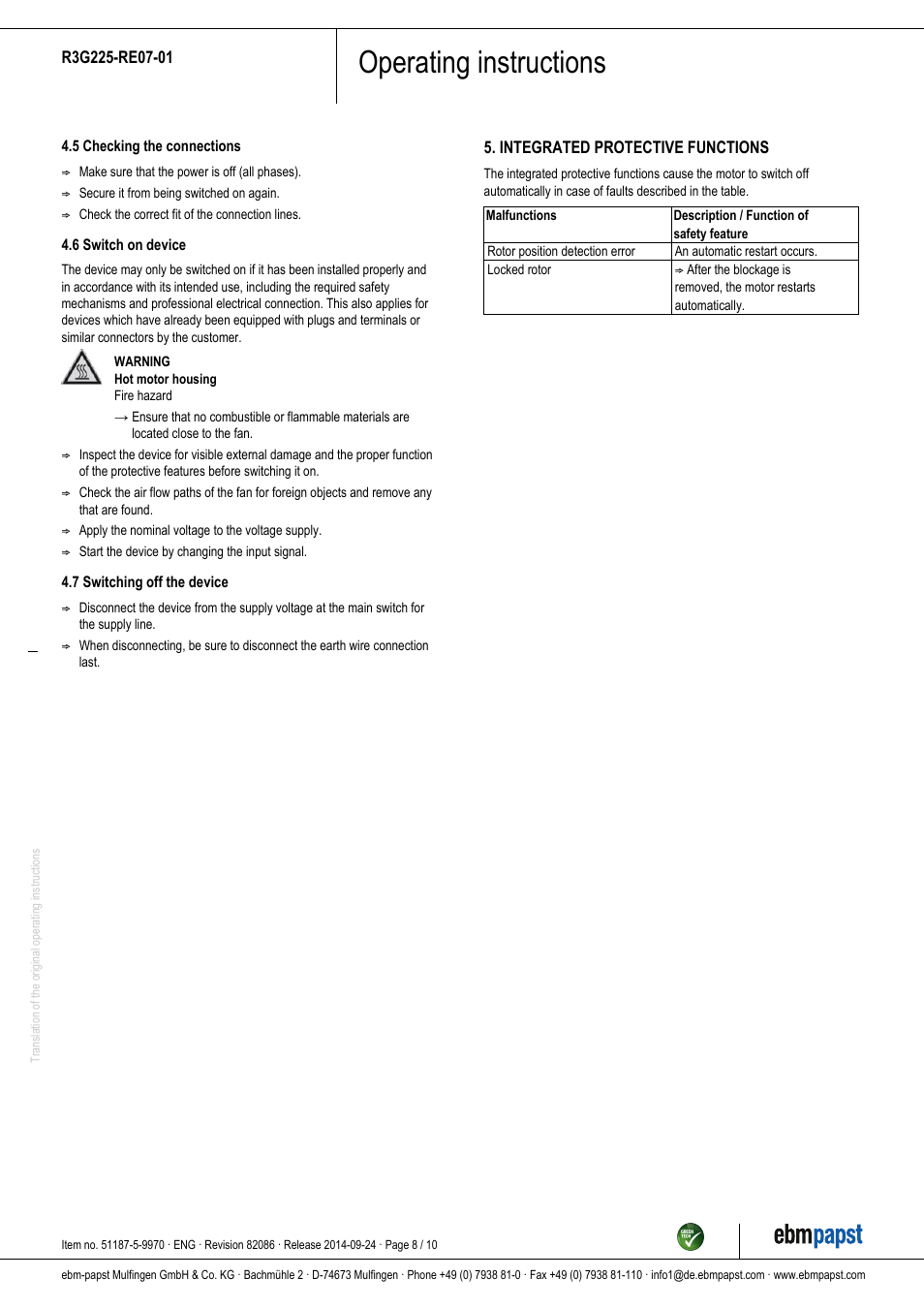 Operating instructions | ebm-papst R3G225-RE07-01 User Manual | Page 8 / 10