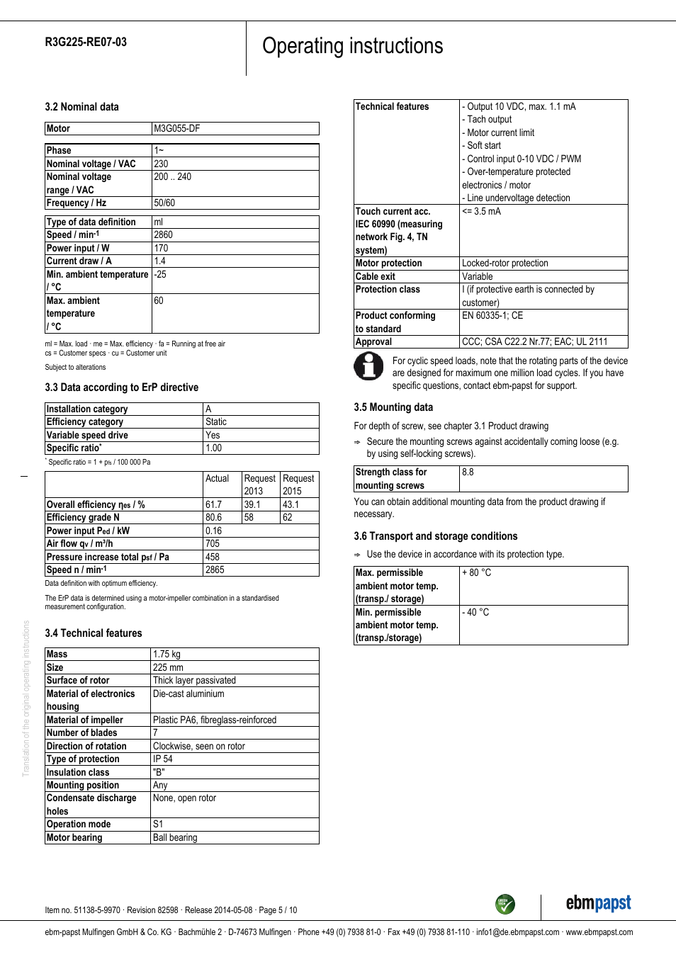 Operating instructions | ebm-papst R3G225-RE07-03 User Manual | Page 5 / 10