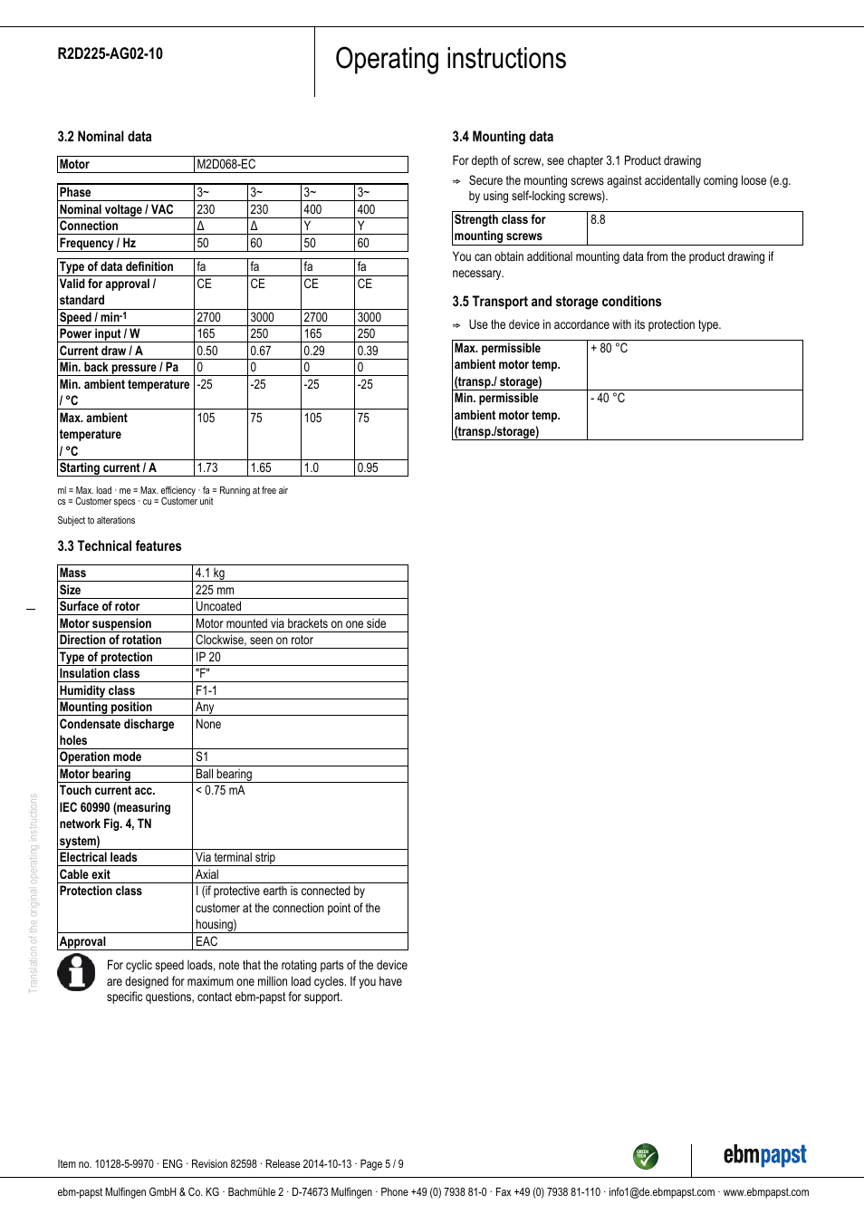 Operating instructions | ebm-papst R2D225-AG02-10 User Manual | Page 5 / 9