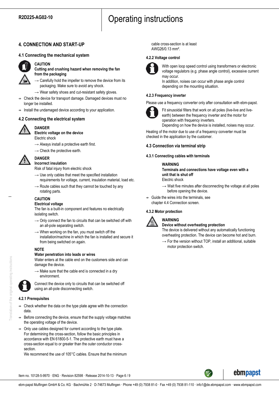 Operating instructions | ebm-papst R2D225-AG02-10 User Manual | Page 6 / 9