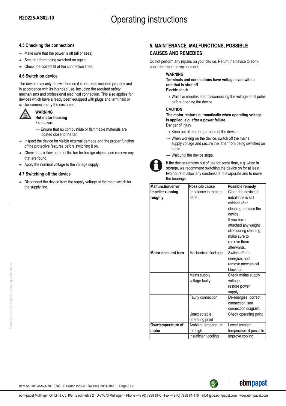 Operating instructions | ebm-papst R2D225-AG02-10 User Manual | Page 8 / 9
