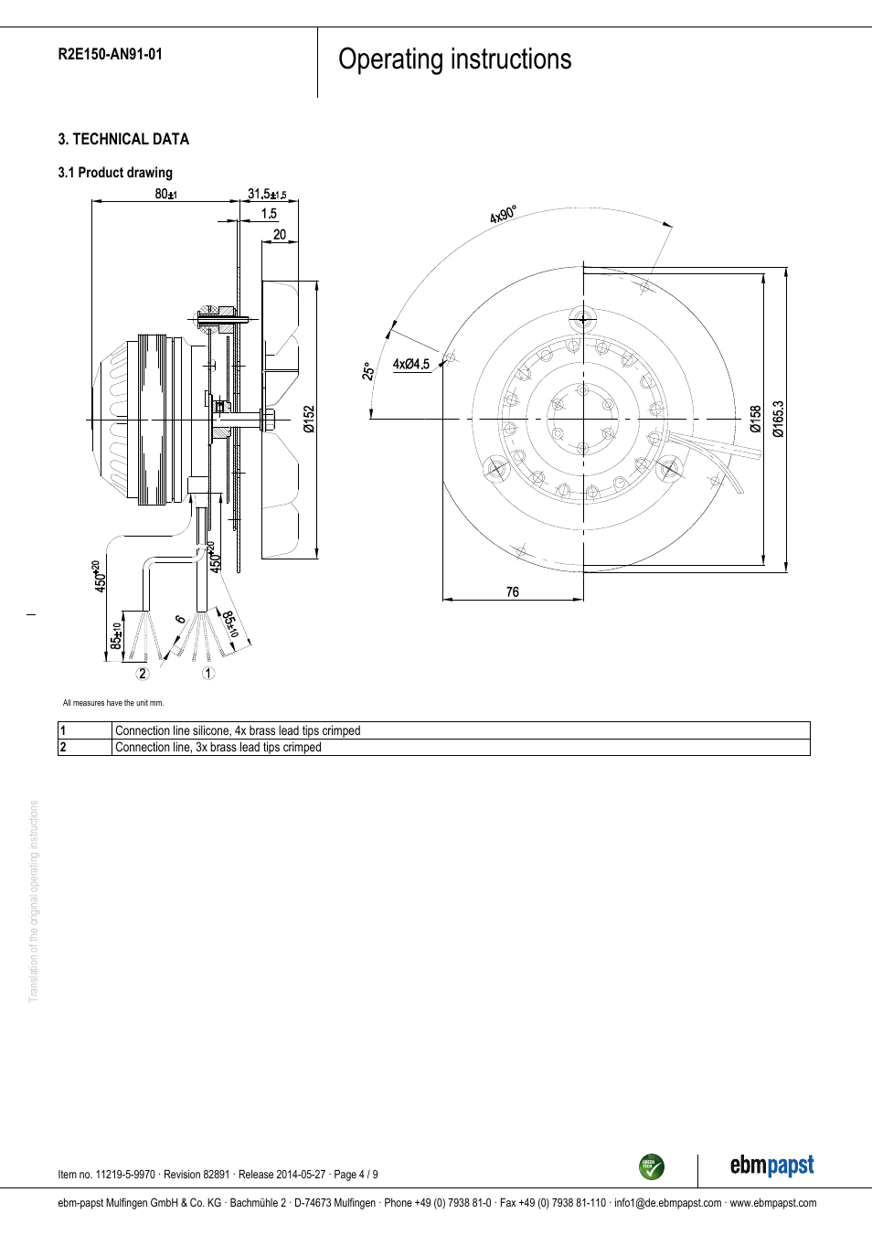 Operating instructions | ebm-papst R2E150-AN91-01 User Manual | Page 4 / 9