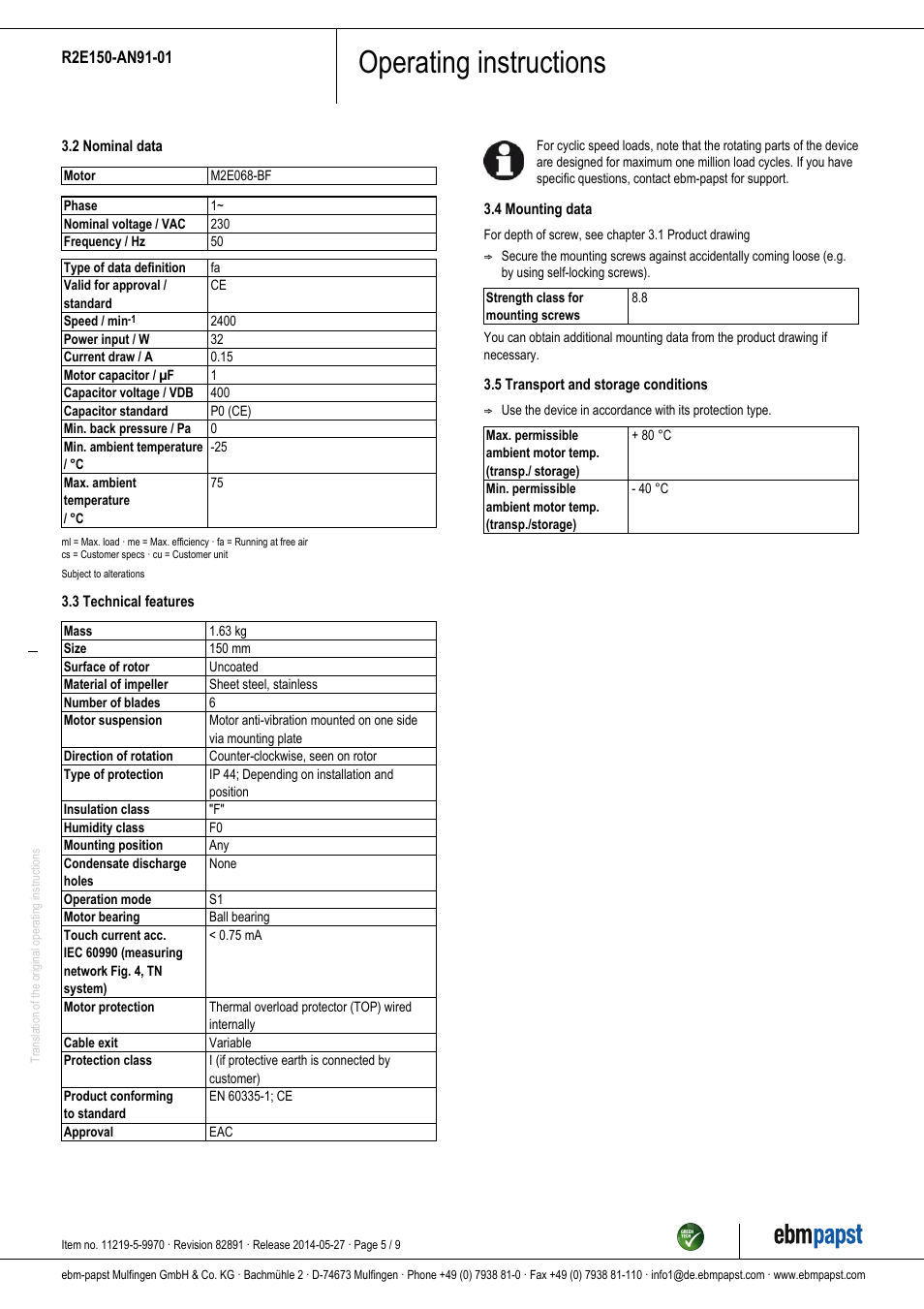 Operating instructions | ebm-papst R2E150-AN91-01 User Manual | Page 5 / 9