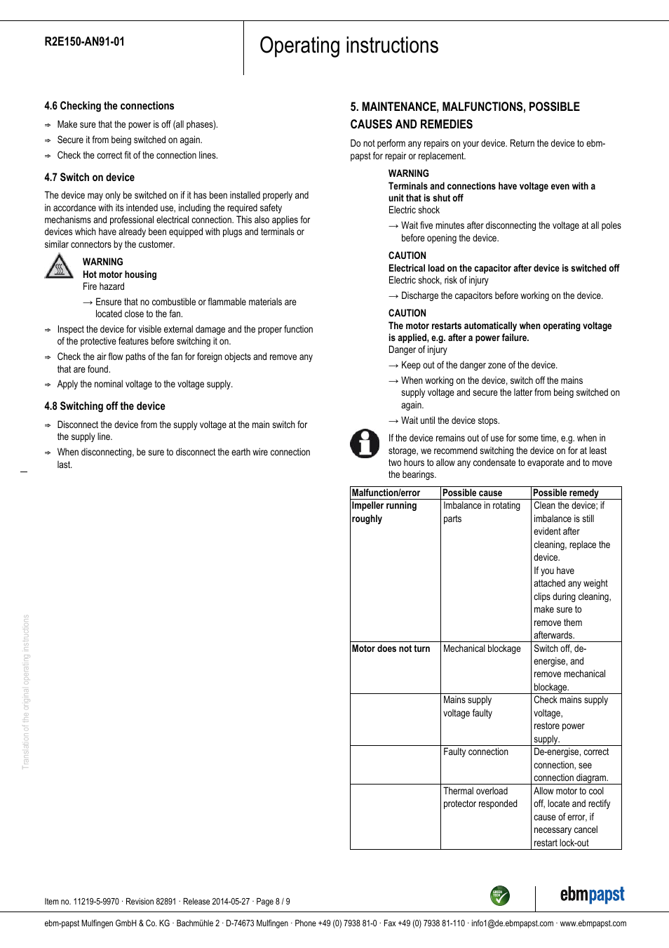 Operating instructions | ebm-papst R2E150-AN91-01 User Manual | Page 8 / 9