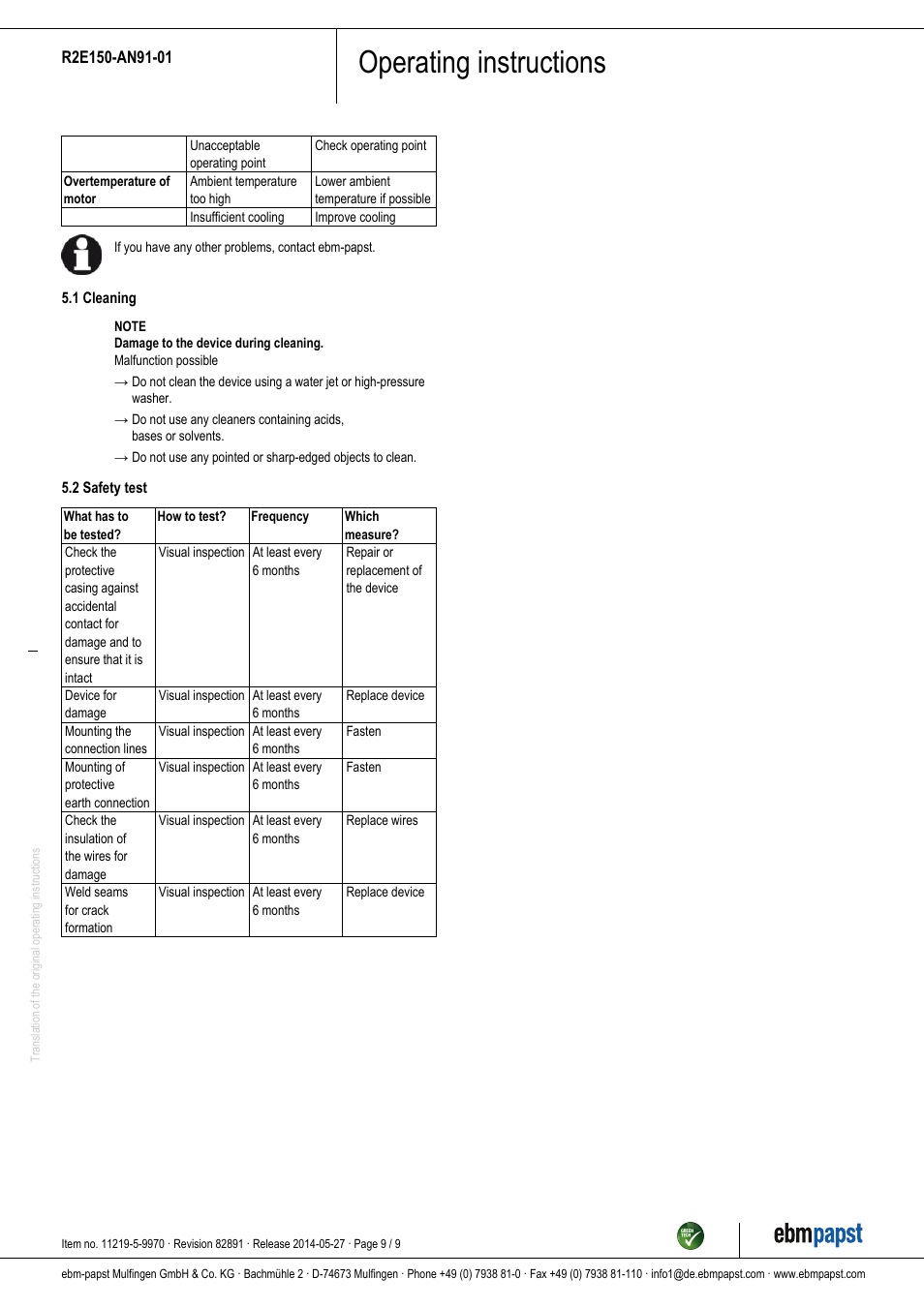 Operating instructions | ebm-papst R2E150-AN91-01 User Manual | Page 9 / 9