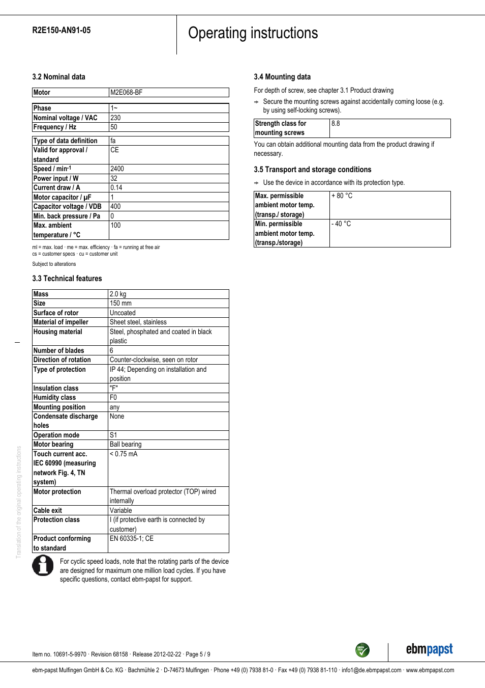 Operating instructions | ebm-papst R2E150-AN91-05 User Manual | Page 5 / 9