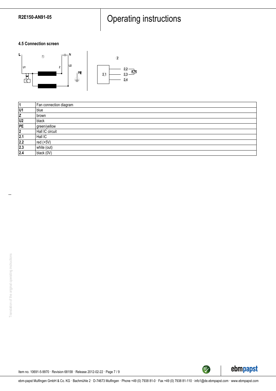 Operating instructions | ebm-papst R2E150-AN91-05 User Manual | Page 7 / 9