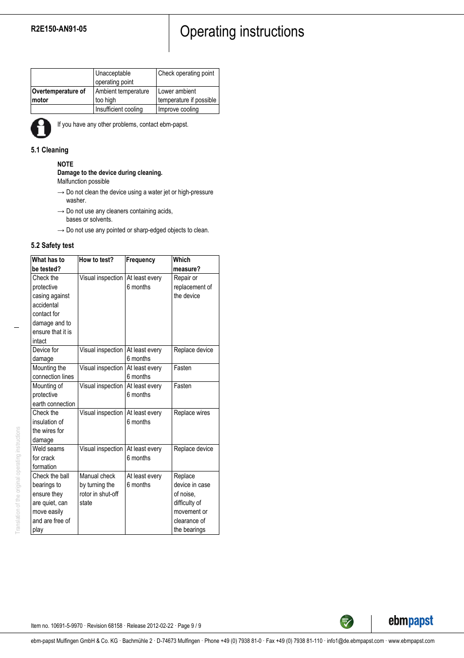 Operating instructions | ebm-papst R2E150-AN91-05 User Manual | Page 9 / 9