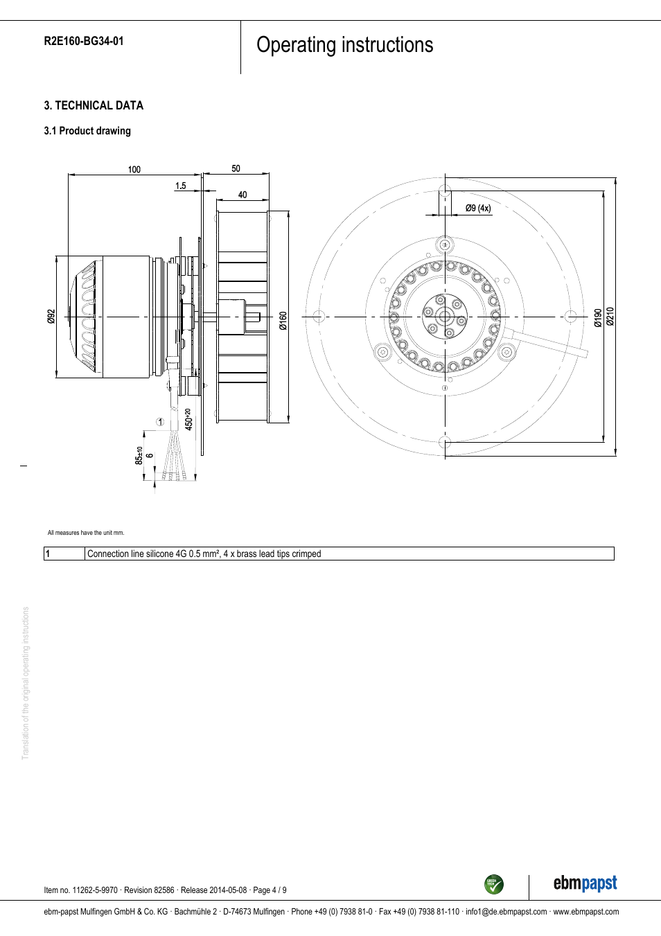 Operating instructions | ebm-papst R2E160-BG34-01 User Manual | Page 4 / 9