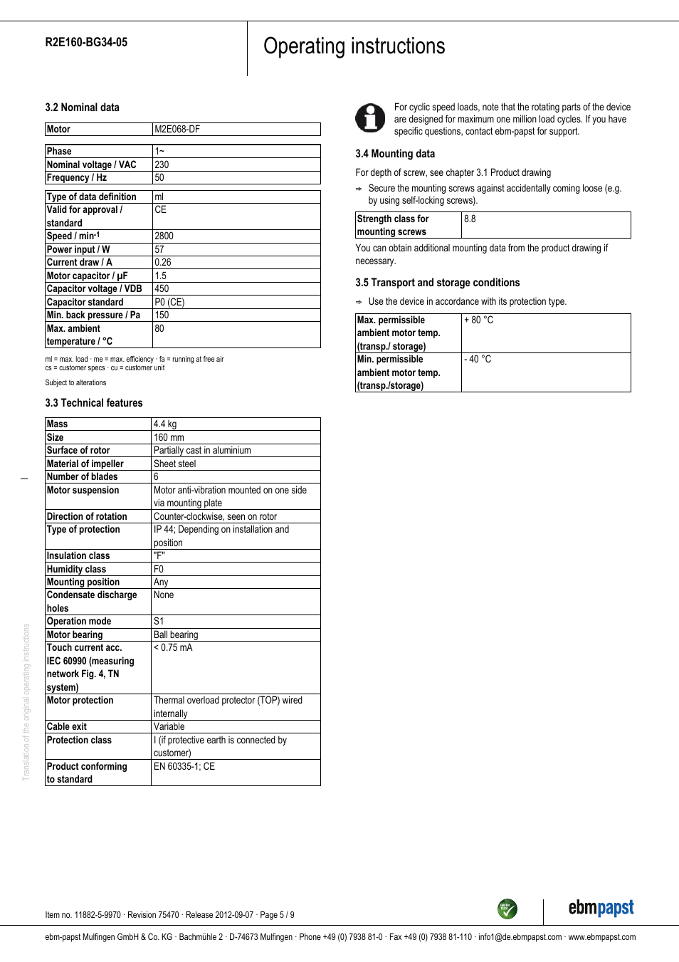 Operating instructions | ebm-papst R2E160-BG34-05 User Manual | Page 5 / 9