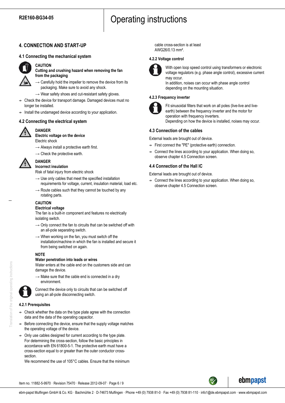 Operating instructions | ebm-papst R2E160-BG34-05 User Manual | Page 6 / 9