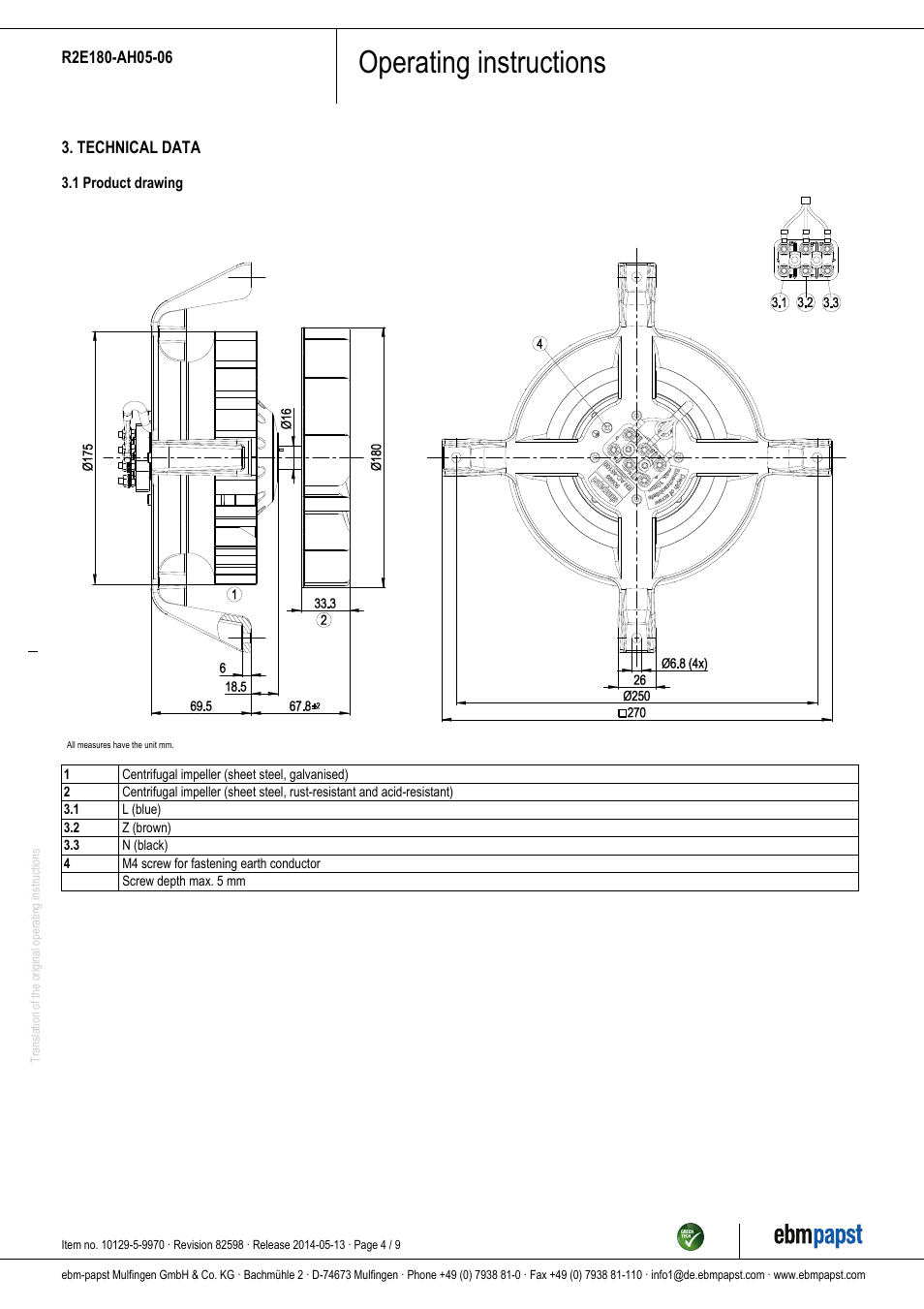 Operating instructions | ebm-papst R2E180-AH05-06 User Manual | Page 4 / 9