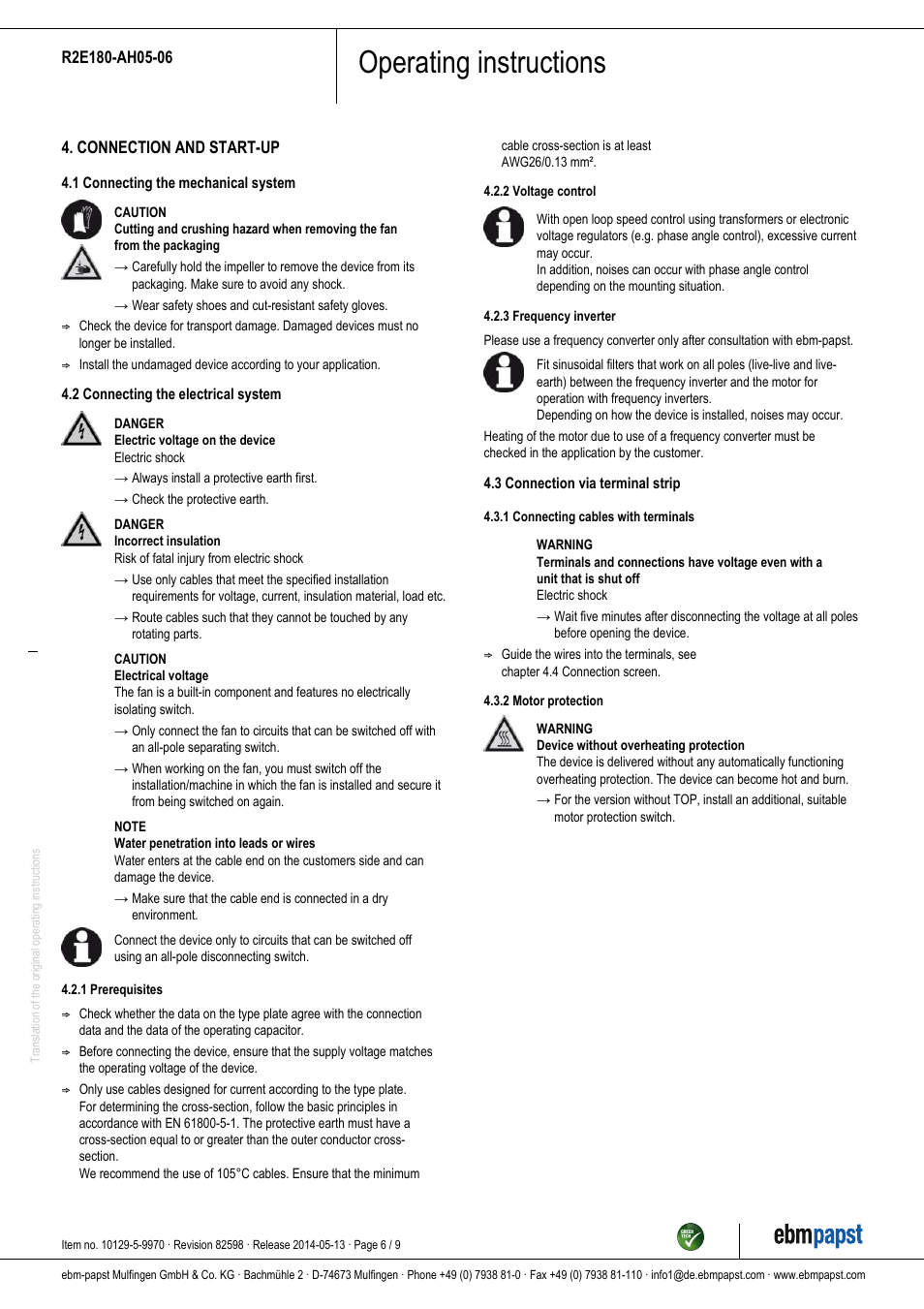 Operating instructions | ebm-papst R2E180-AH05-06 User Manual | Page 6 / 9