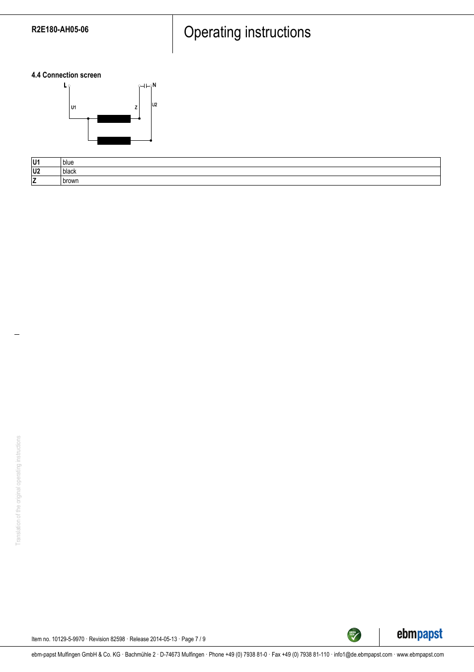 Operating instructions | ebm-papst R2E180-AH05-06 User Manual | Page 7 / 9