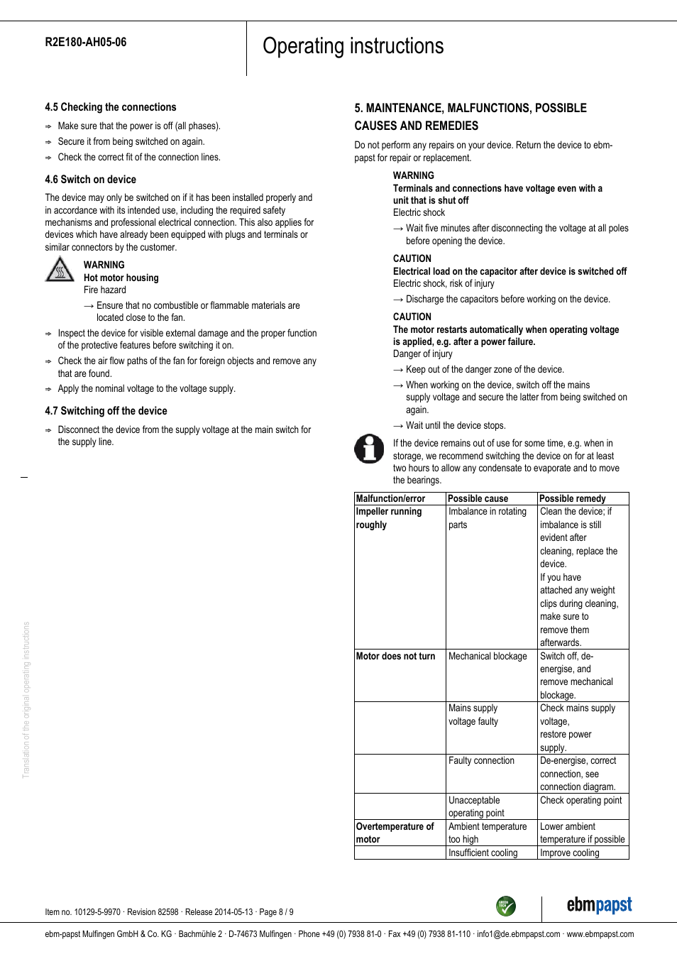 Operating instructions | ebm-papst R2E180-AH05-06 User Manual | Page 8 / 9