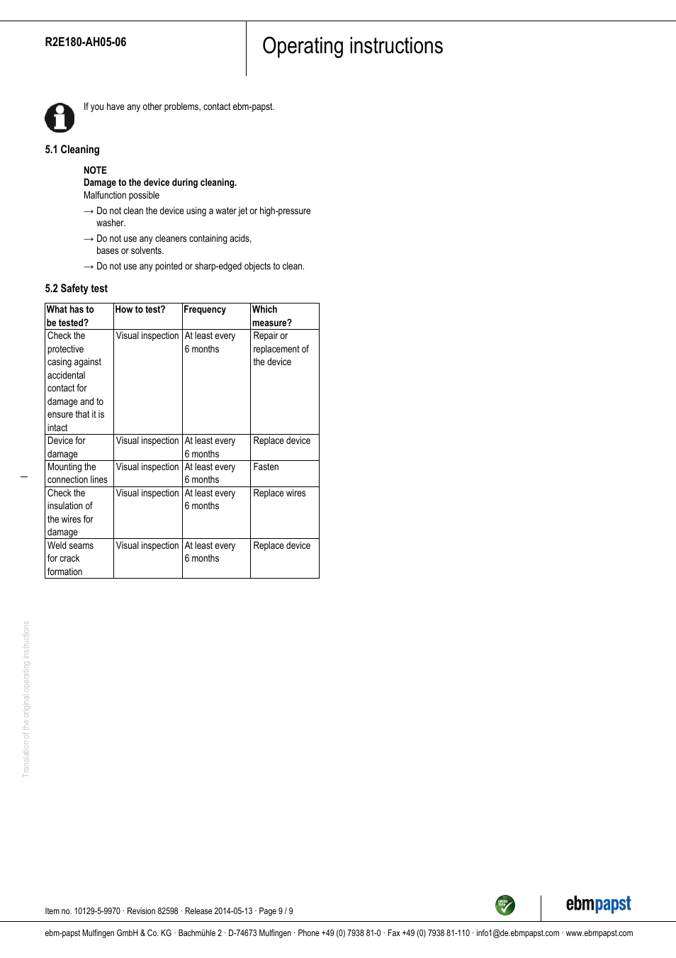 Operating instructions | ebm-papst R2E180-AH05-06 User Manual | Page 9 / 9