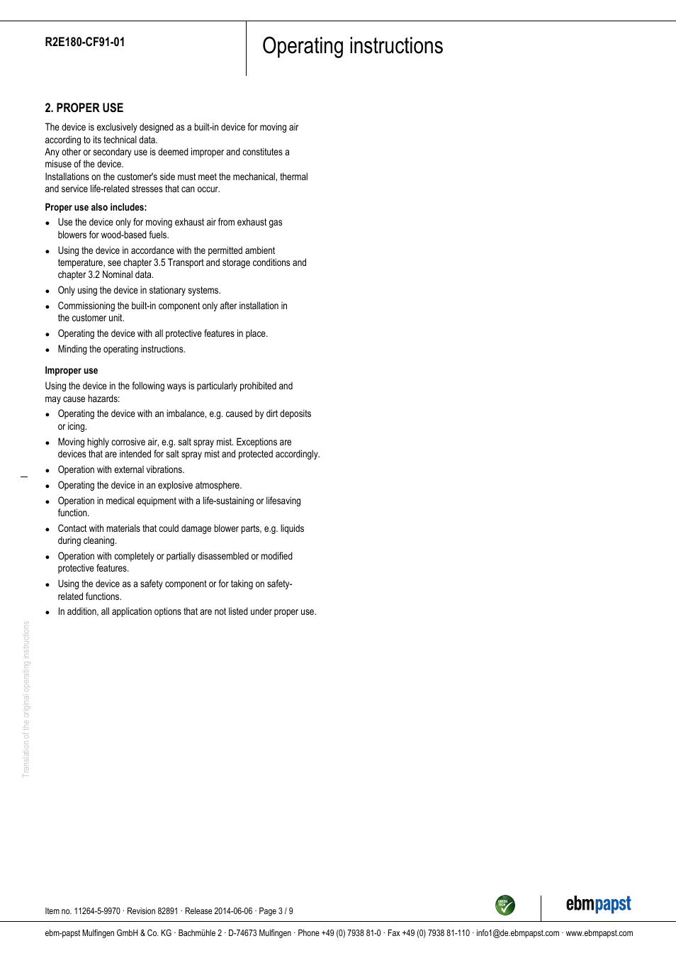 Operating instructions, Proper use | ebm-papst R2E180-CF91-01 User Manual | Page 3 / 9
