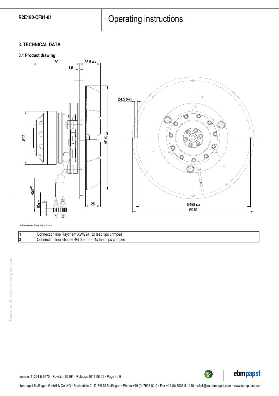 Operating instructions | ebm-papst R2E180-CF91-01 User Manual | Page 4 / 9