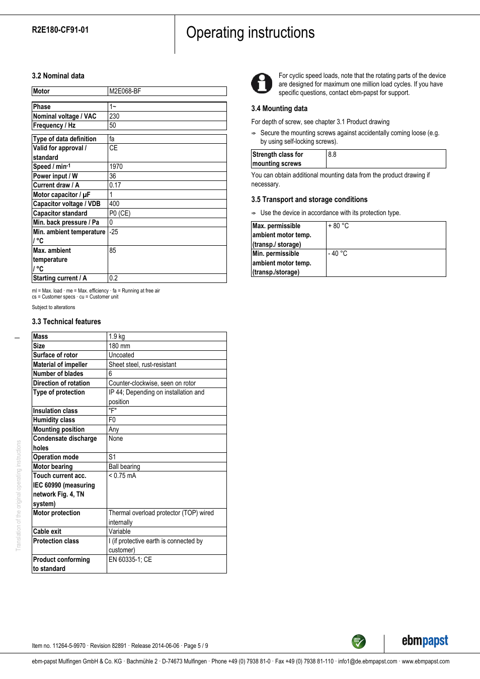 Operating instructions | ebm-papst R2E180-CF91-01 User Manual | Page 5 / 9