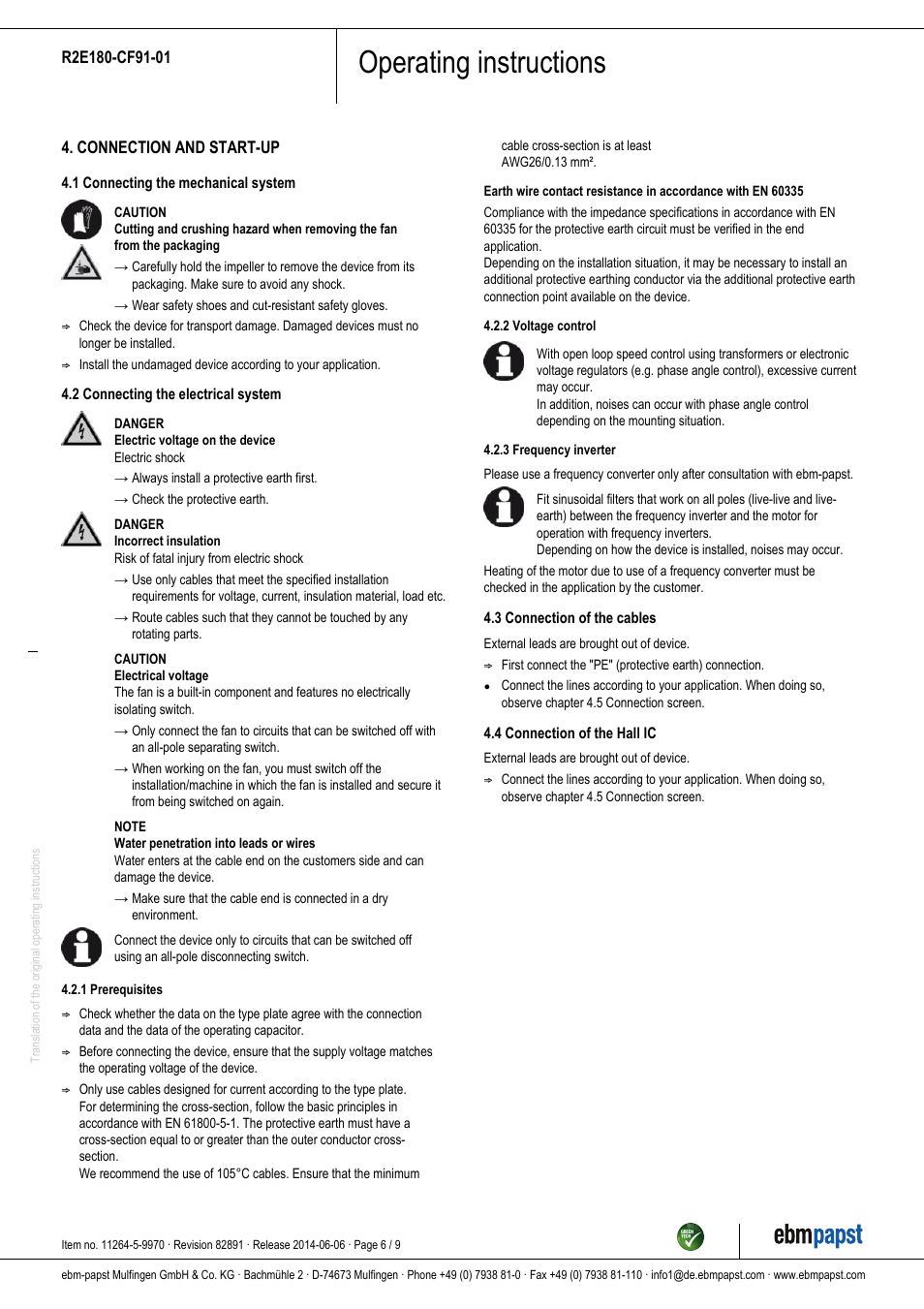 Operating instructions | ebm-papst R2E180-CF91-01 User Manual | Page 6 / 9