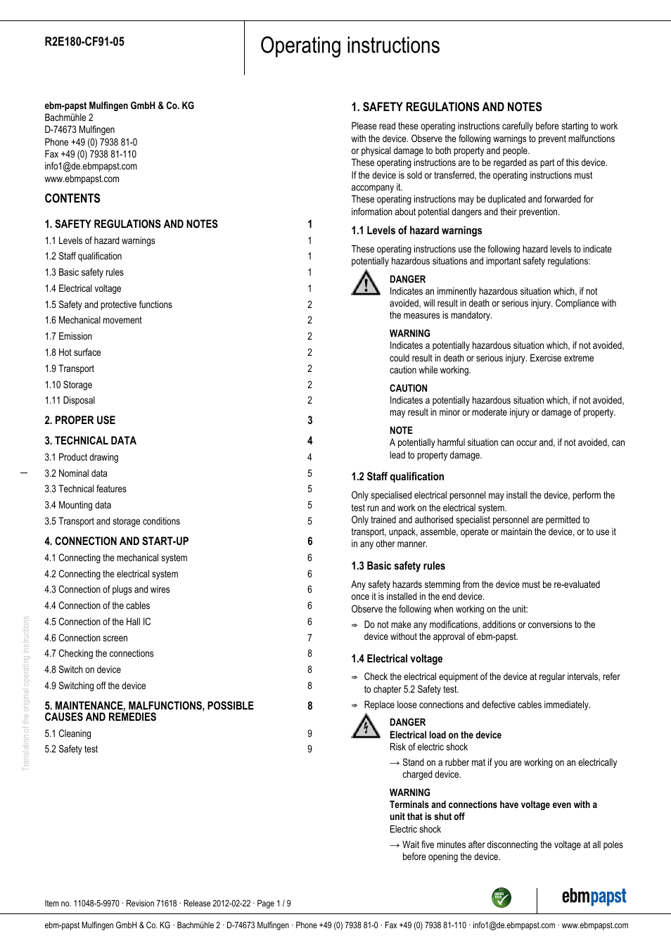 ebm-papst R2E180-CF91-05 User Manual | 9 pages