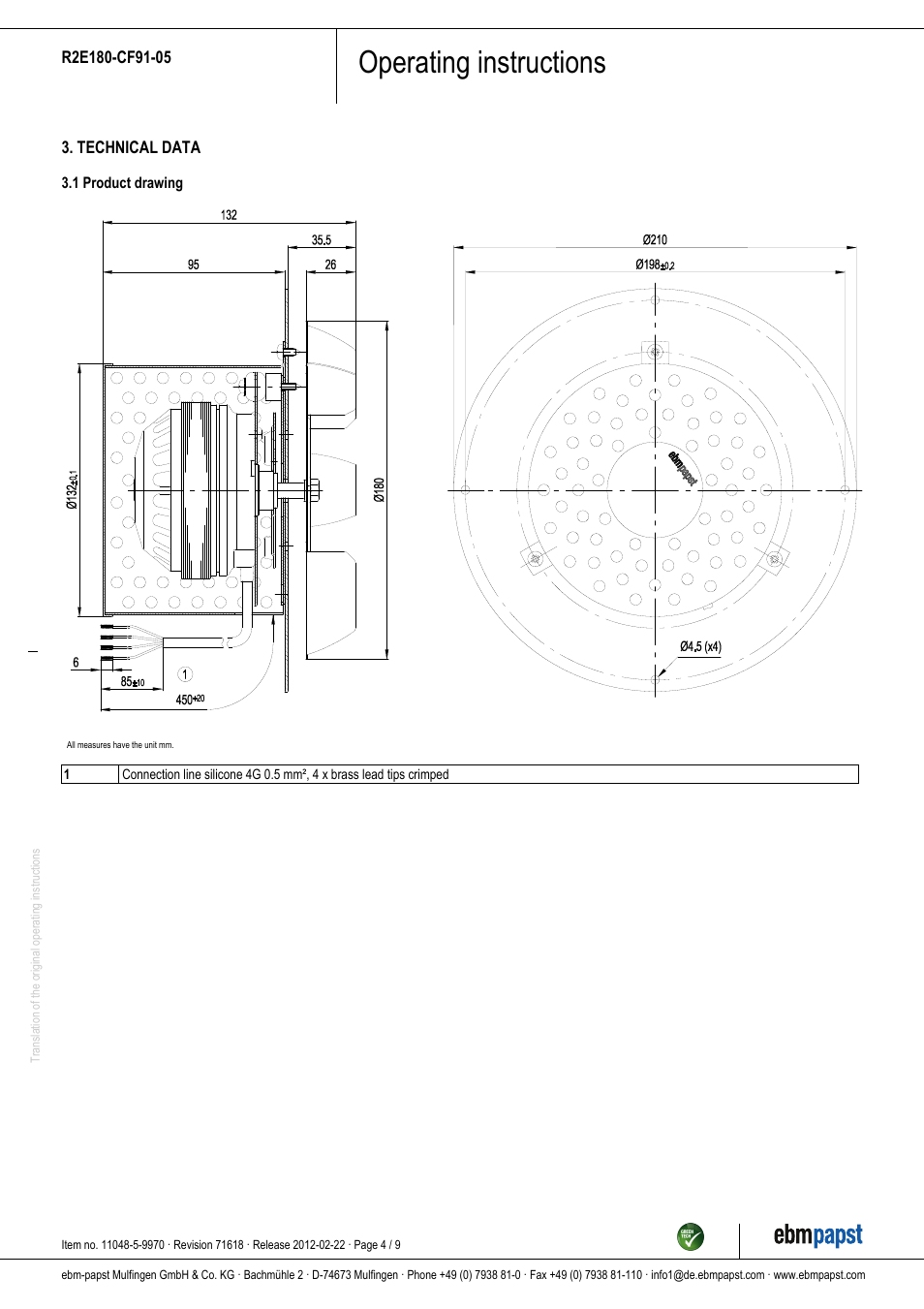 Operating instructions | ebm-papst R2E180-CF91-05 User Manual | Page 4 / 9