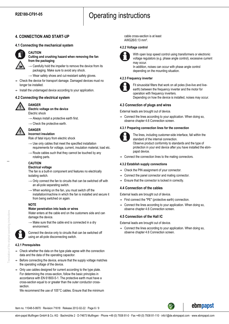 Operating instructions | ebm-papst R2E180-CF91-05 User Manual | Page 6 / 9
