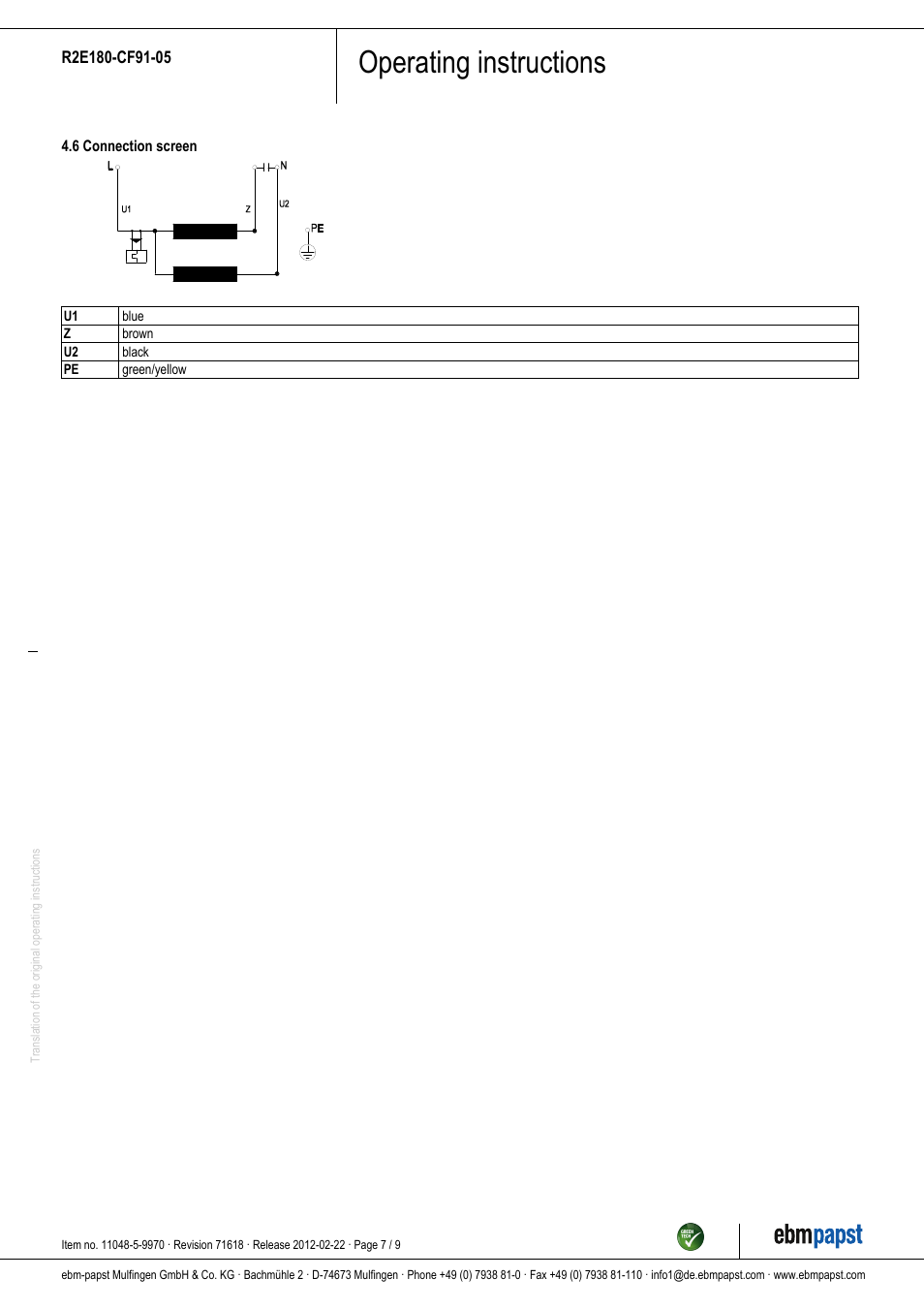 Operating instructions | ebm-papst R2E180-CF91-05 User Manual | Page 7 / 9