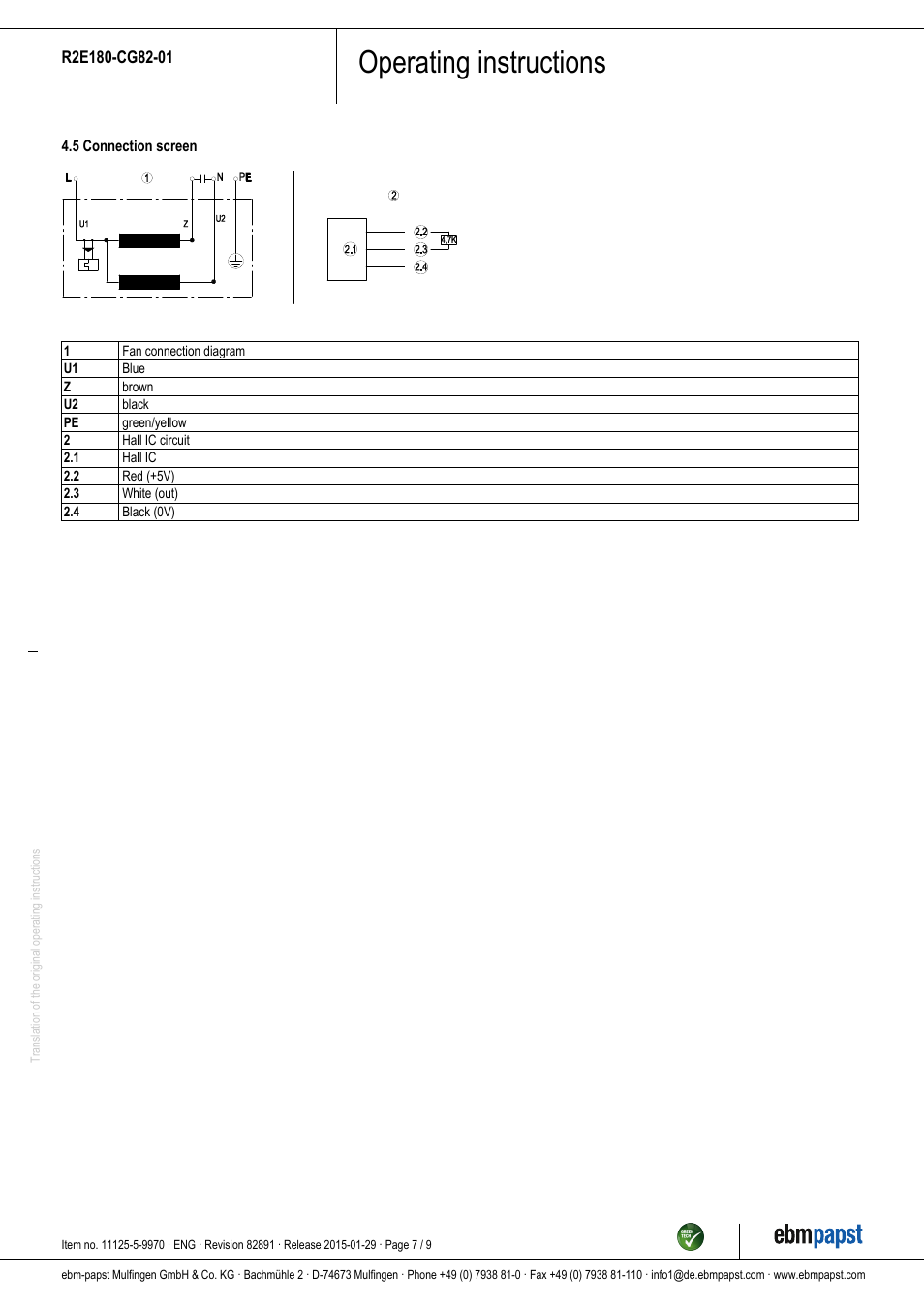 Operating instructions | ebm-papst R2E180-CG82-01 User Manual | Page 7 / 9