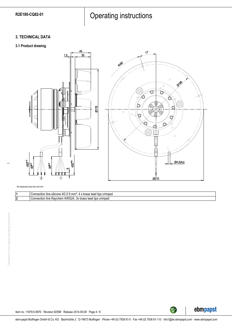 Operating instructions | ebm-papst R2E180-CQ82-01 User Manual | Page 4 / 9