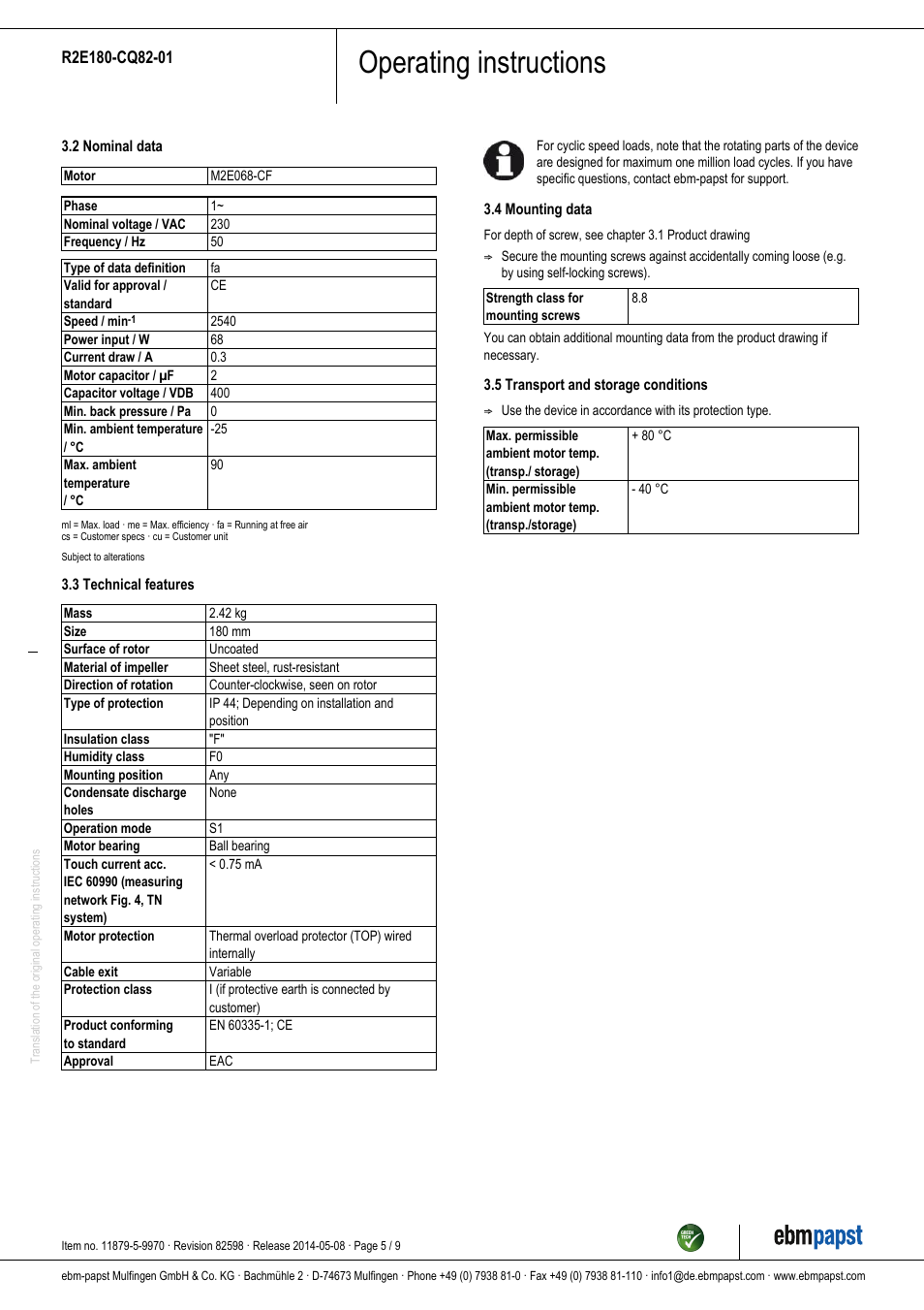Operating instructions | ebm-papst R2E180-CQ82-01 User Manual | Page 5 / 9