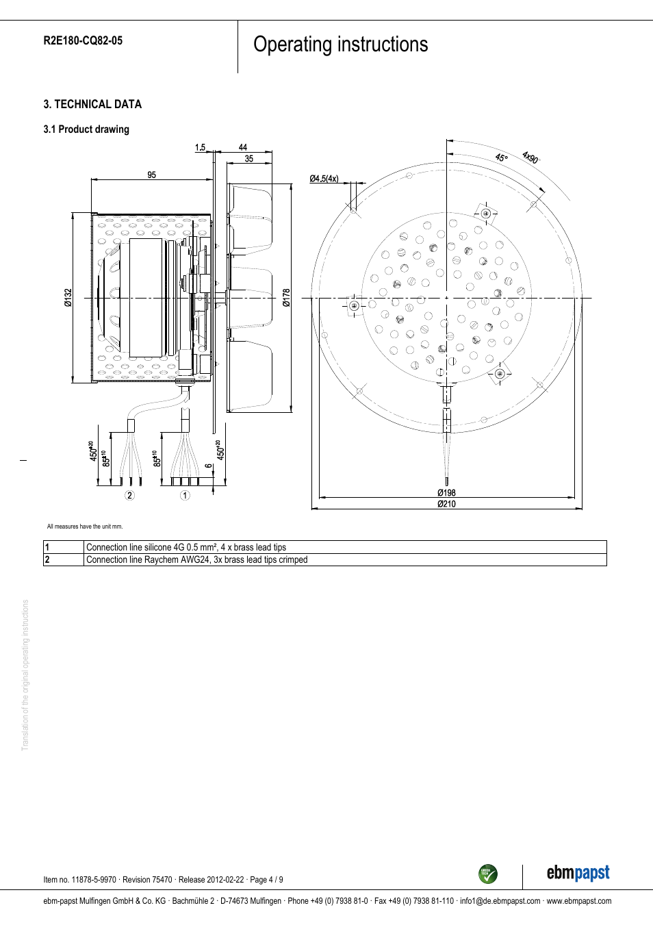 Operating instructions | ebm-papst R2E180-CQ82-05 User Manual | Page 4 / 9