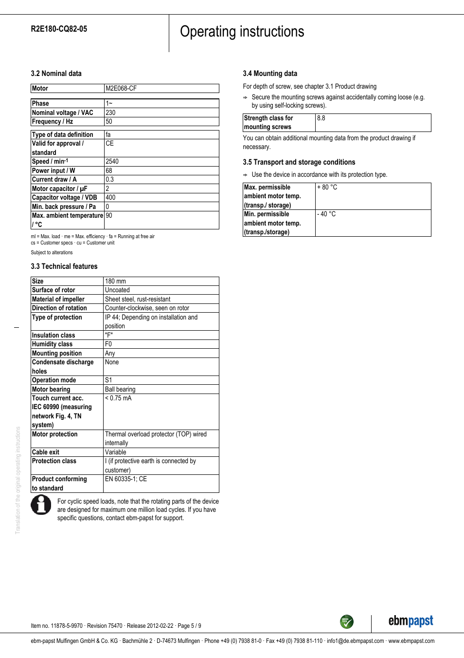 Operating instructions | ebm-papst R2E180-CQ82-05 User Manual | Page 5 / 9