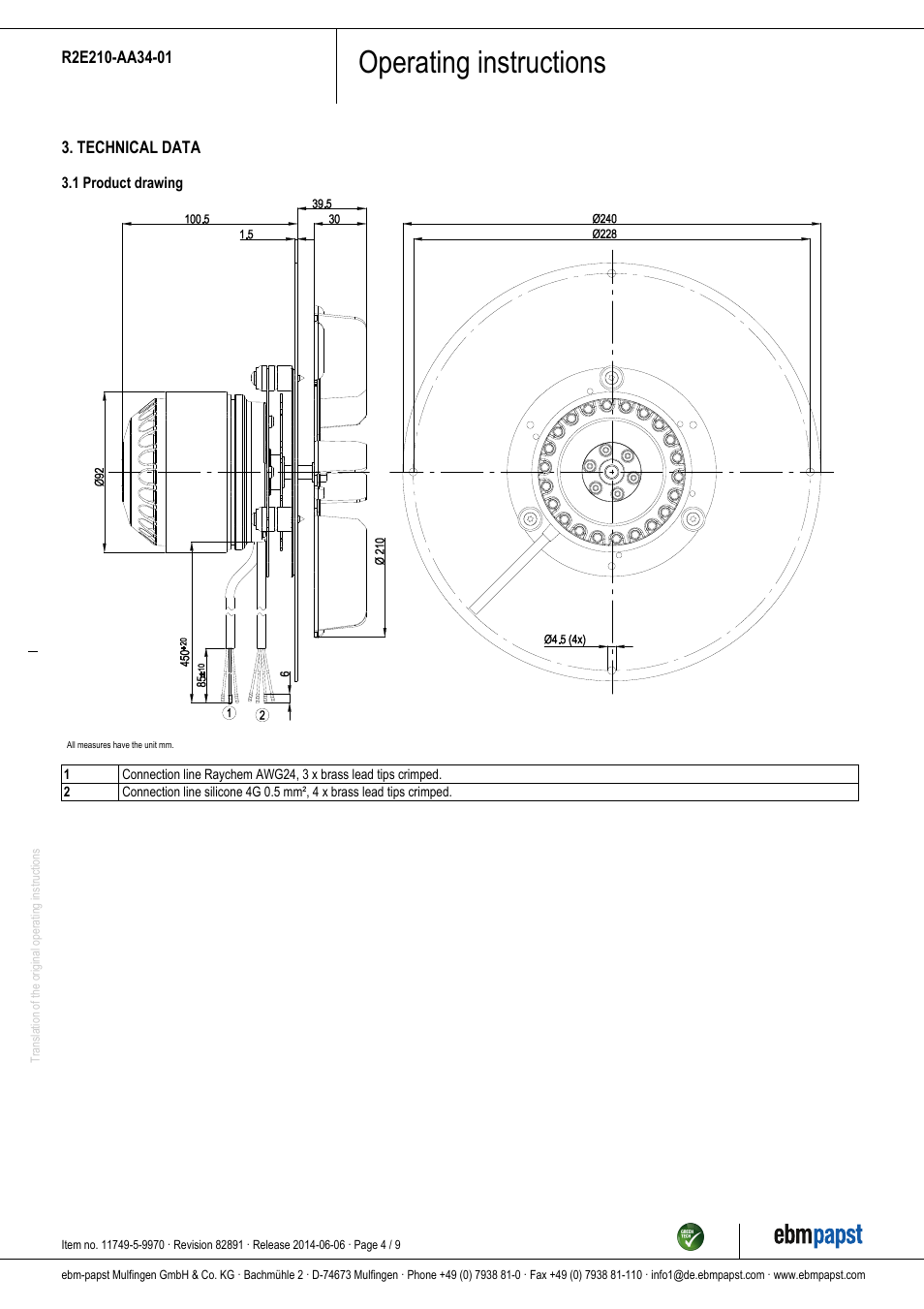 Operating instructions | ebm-papst R2E210-AA34-01 User Manual | Page 4 / 9