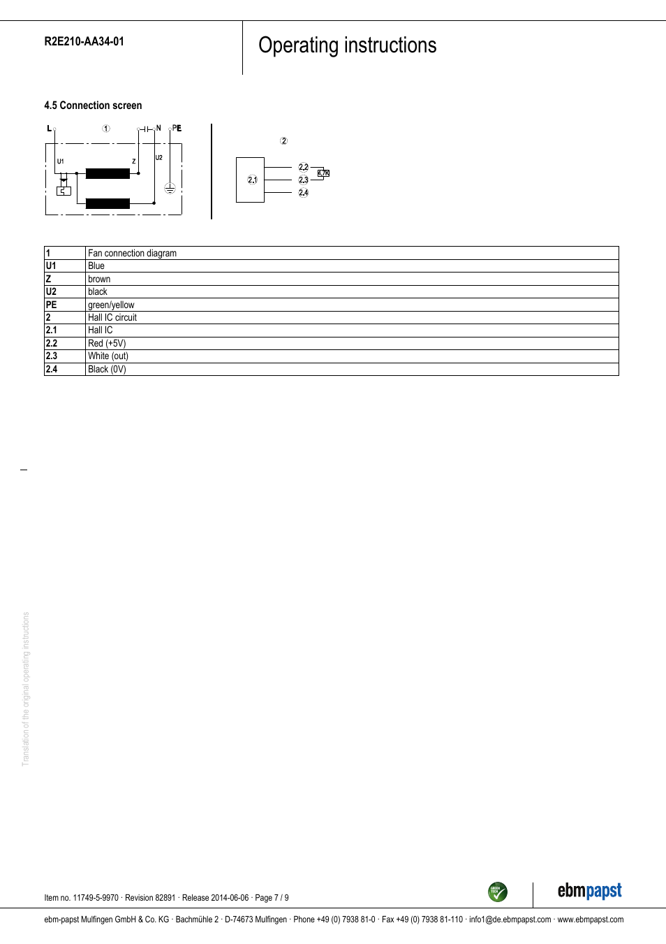 Operating instructions | ebm-papst R2E210-AA34-01 User Manual | Page 7 / 9