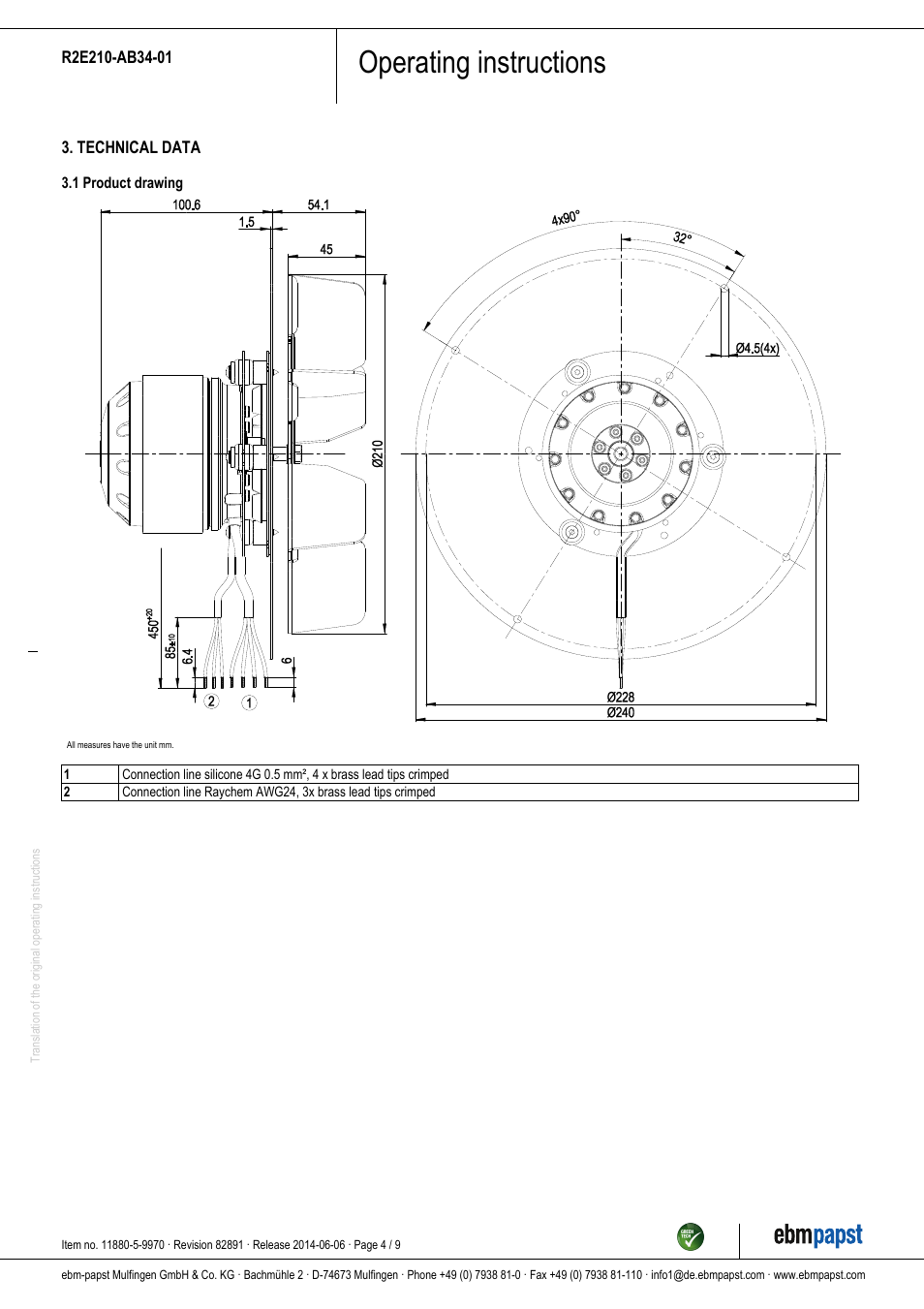 Operating instructions | ebm-papst R2E210-AB34-01 User Manual | Page 4 / 9