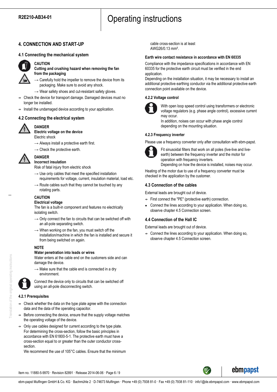 Operating instructions | ebm-papst R2E210-AB34-01 User Manual | Page 6 / 9