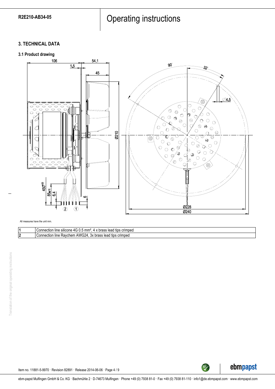 Operating instructions | ebm-papst R2E210-AB34-05 User Manual | Page 4 / 9