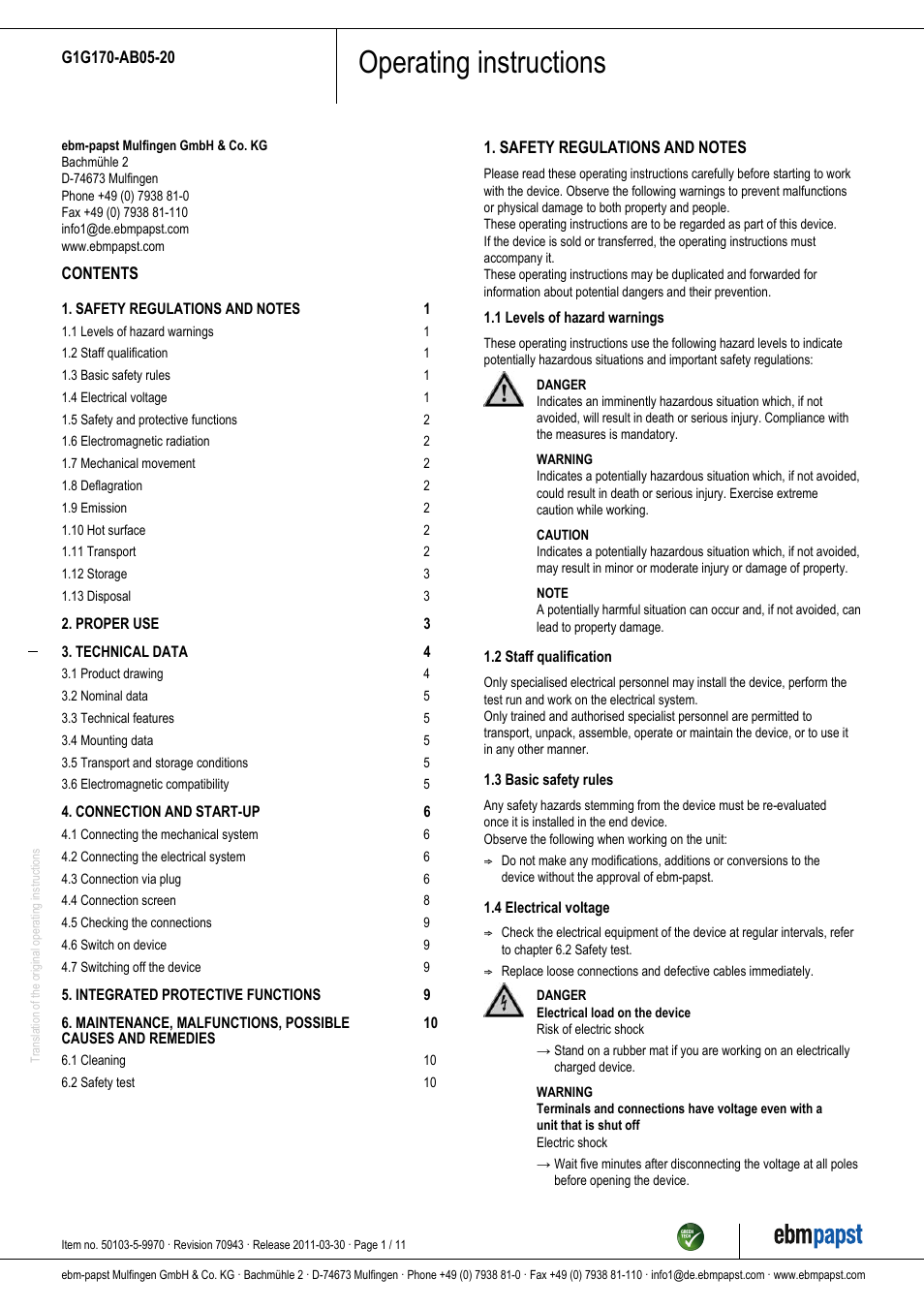 ebm-papst G1G170-AB05-20 User Manual | 11 pages