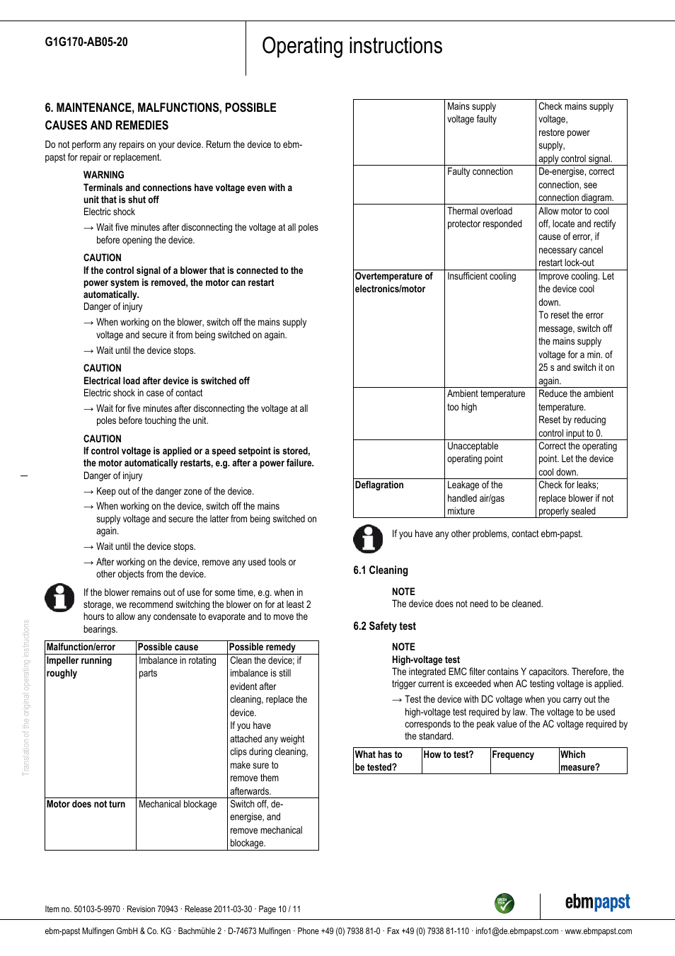 Operating instructions | ebm-papst G1G170-AB05-20 User Manual | Page 10 / 11