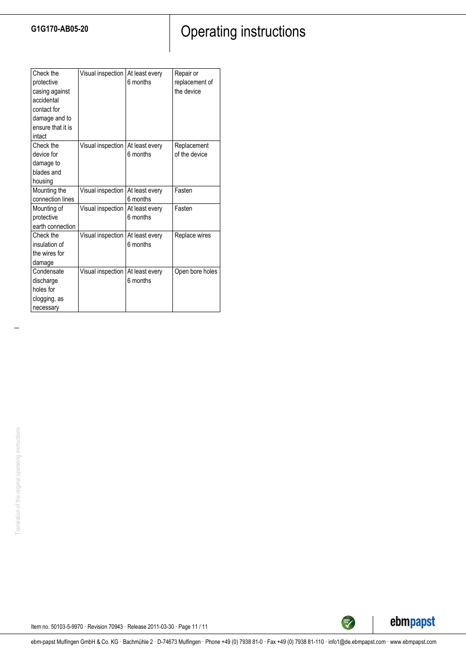 Operating instructions | ebm-papst G1G170-AB05-20 User Manual | Page 11 / 11