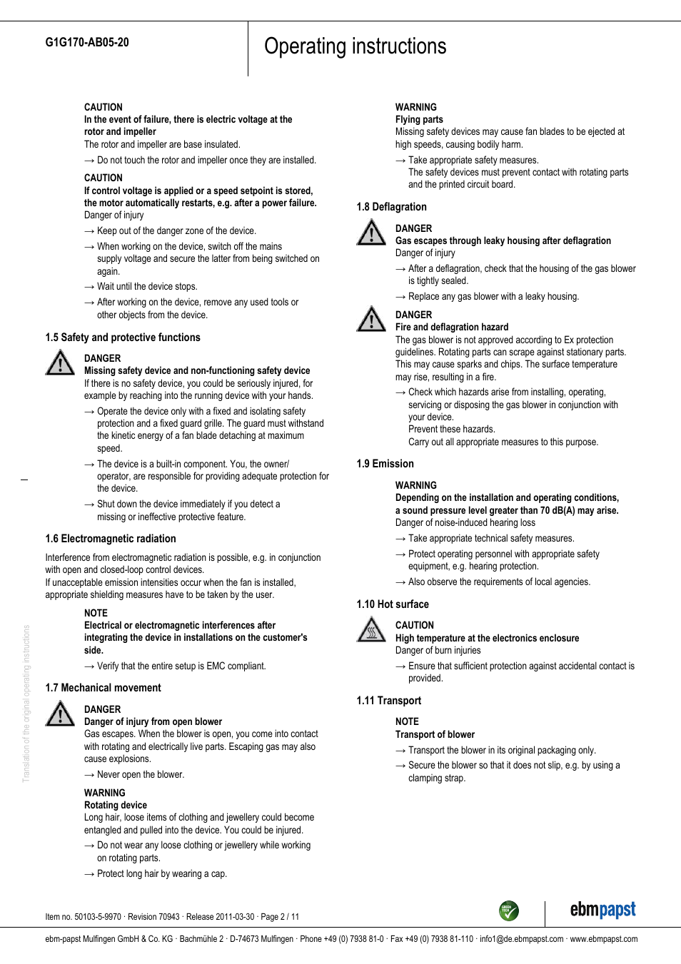 Operating instructions | ebm-papst G1G170-AB05-20 User Manual | Page 2 / 11