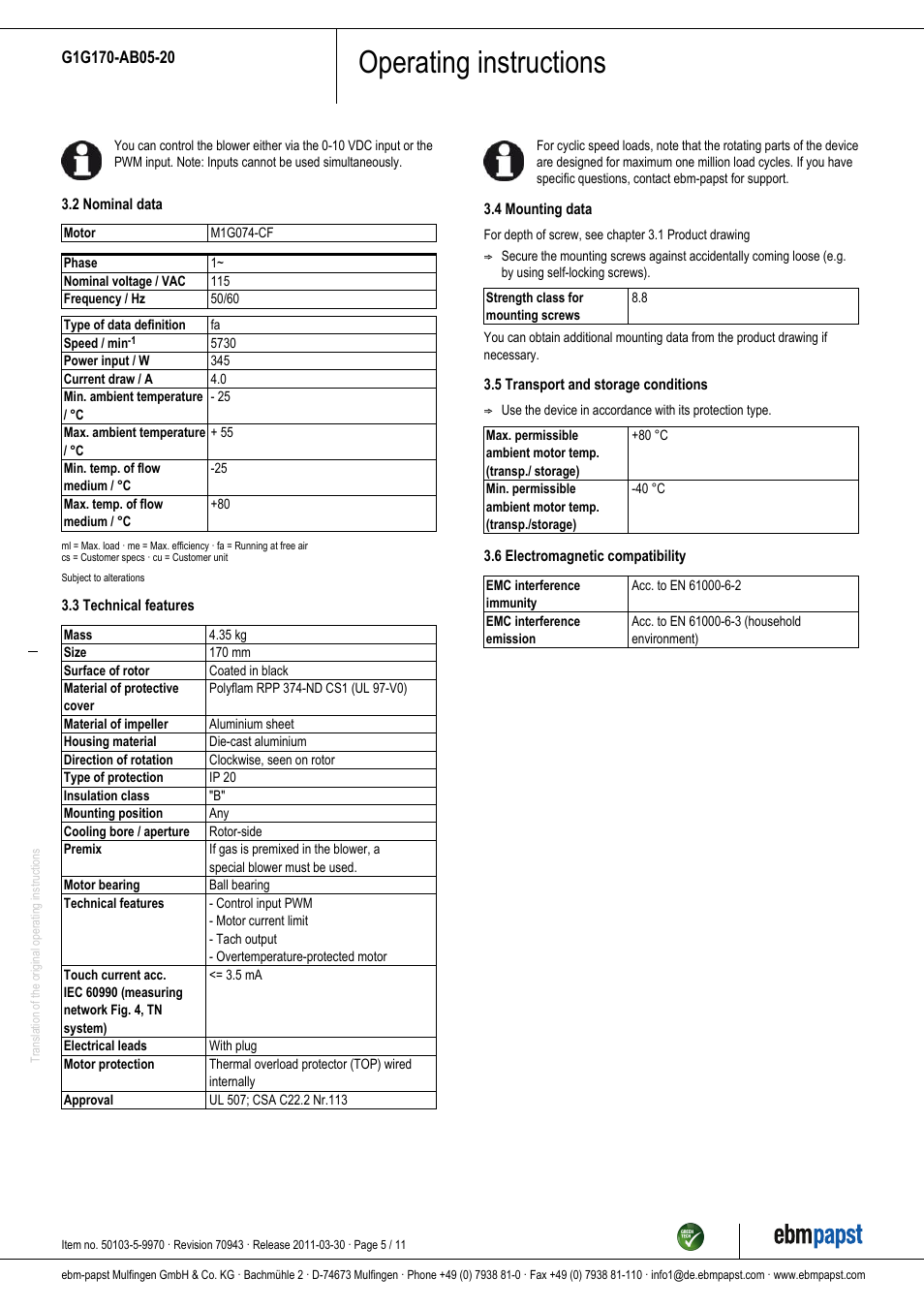 Operating instructions | ebm-papst G1G170-AB05-20 User Manual | Page 5 / 11