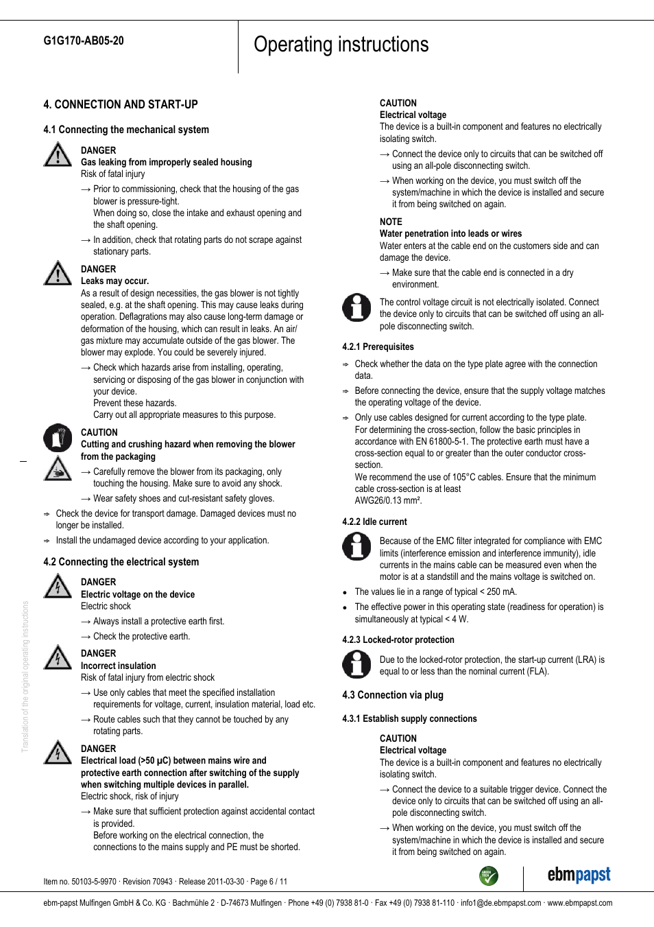 Operating instructions | ebm-papst G1G170-AB05-20 User Manual | Page 6 / 11