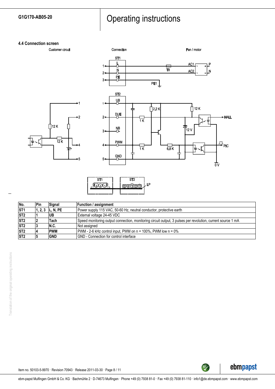 Operating instructions | ebm-papst G1G170-AB05-20 User Manual | Page 8 / 11